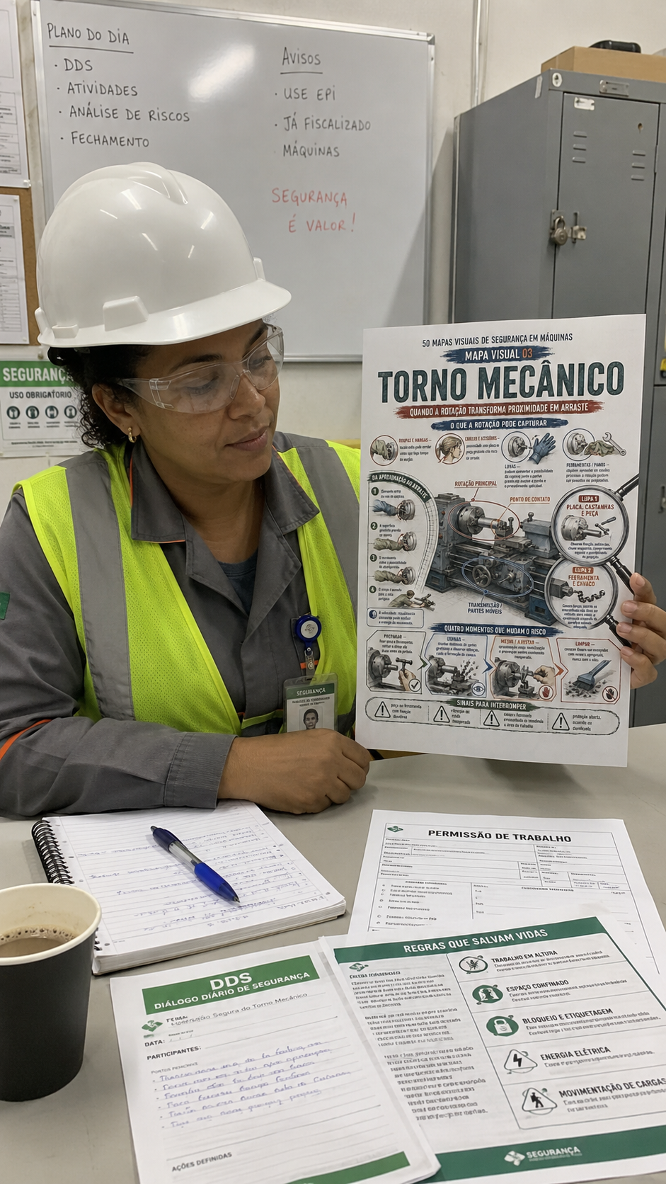 Profissional utilizando o mapa visual de torno mecânico em uma atividade de segurança