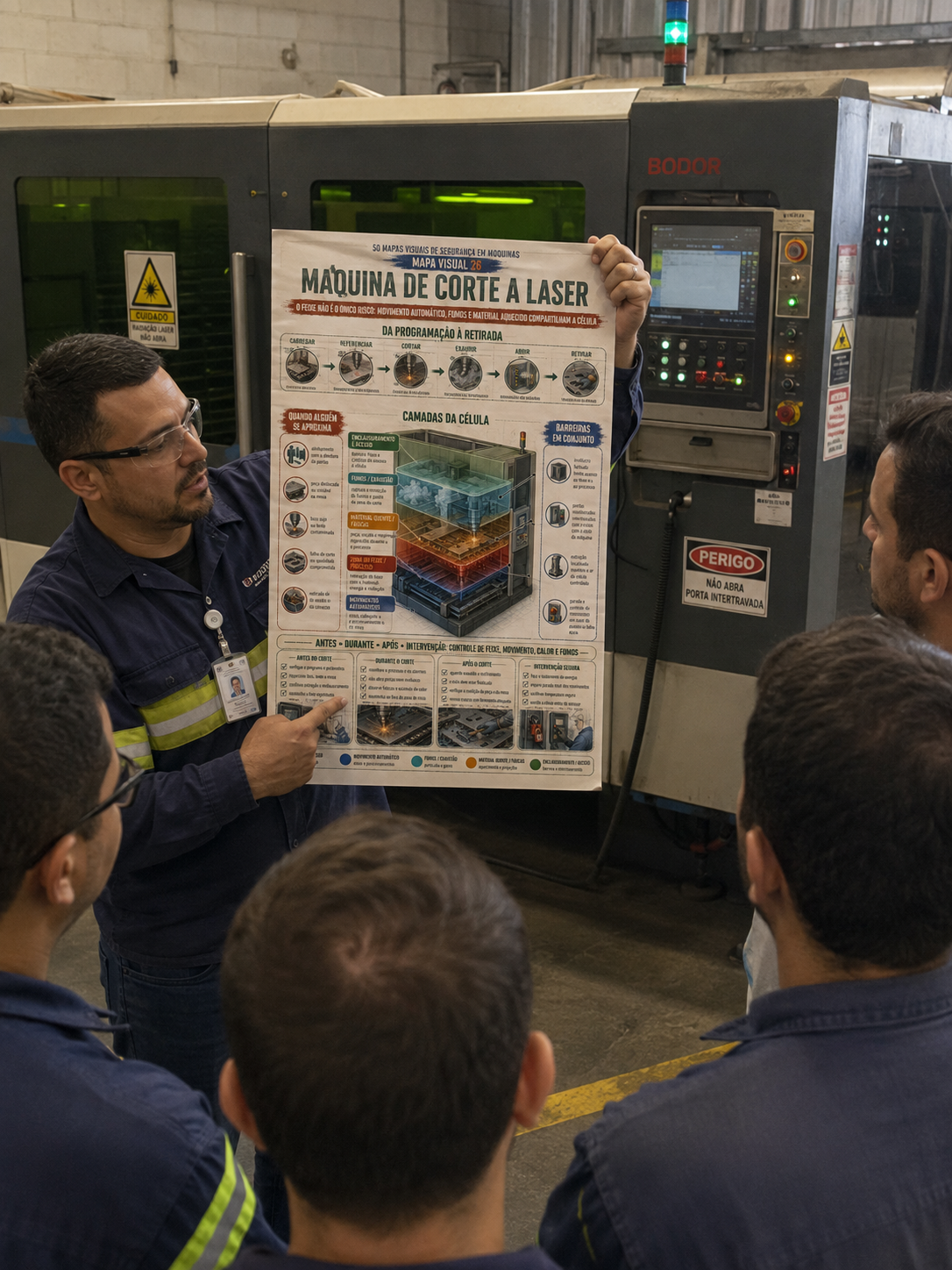 Equipe utilizando o mapa visual de máquina de corte a laser em um treinamento