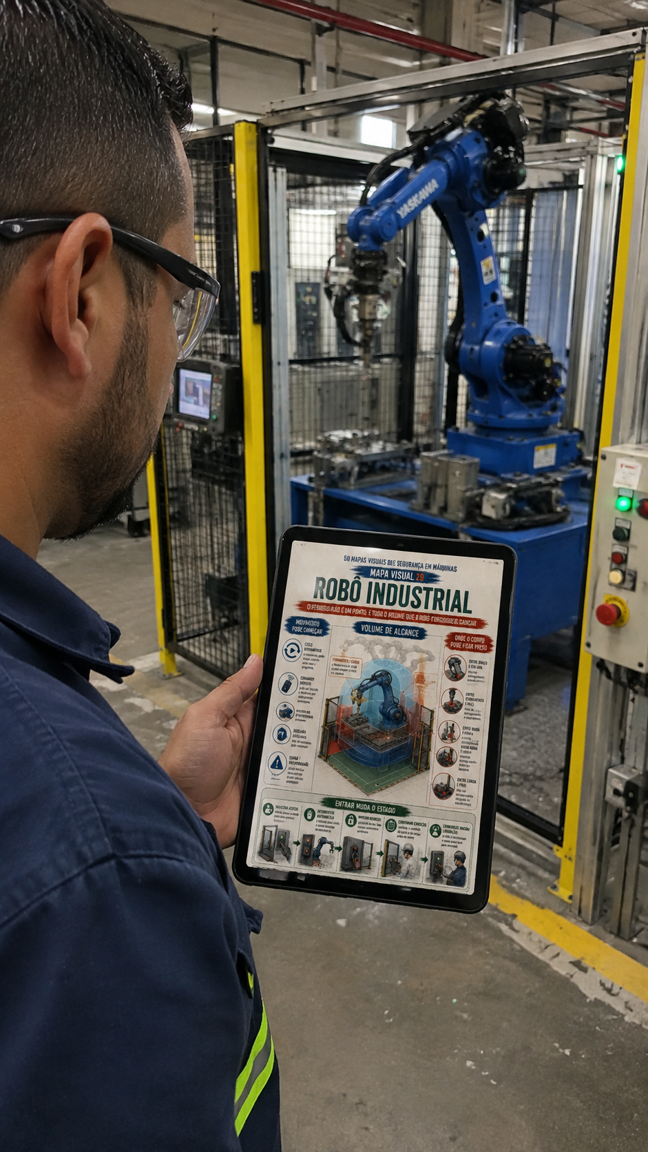 Profissional consultando o mapa visual de robô industrial em um tablet